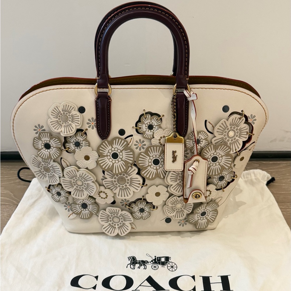 Coach White Floral Appliqué Satchel with Brown Handles